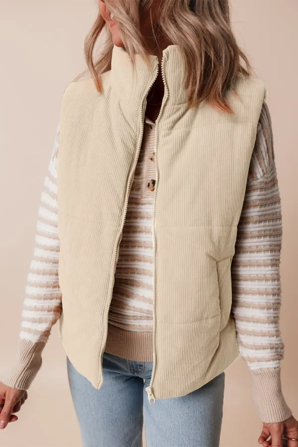 Corduroy Stand Neck Zip Puffer Vest