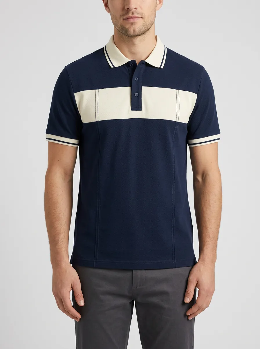 Men's Casual Navy White Colorblock Contrast Panel Polo Shirt