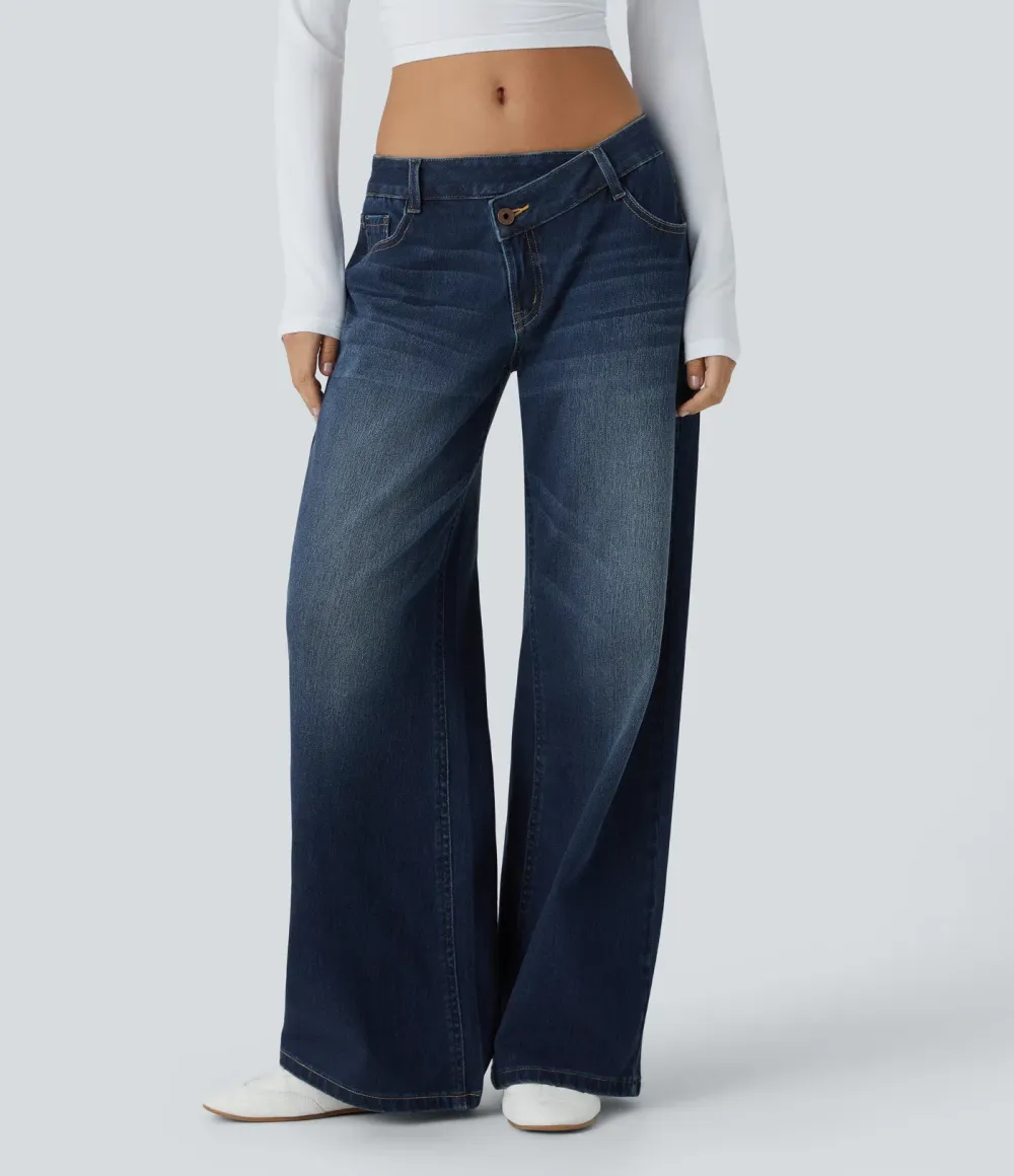 2026🔥  Low-rise wide-leg asymmetric jeans with button, zip, and multiple pockets; stretch knit fabric with a washed finish.