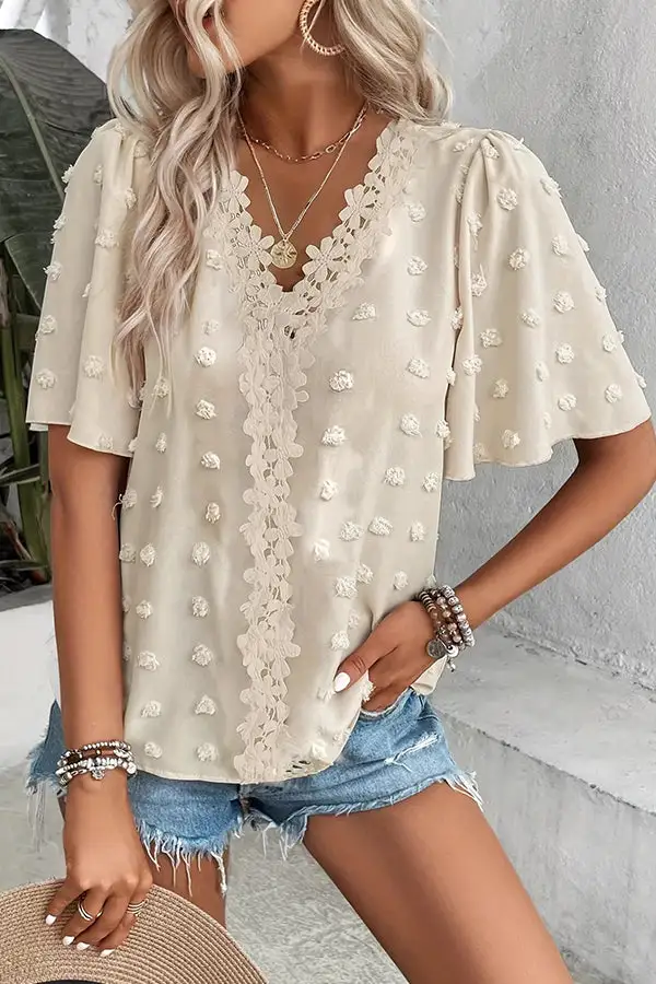 V Neck Jacquard Weaving Casual Tops