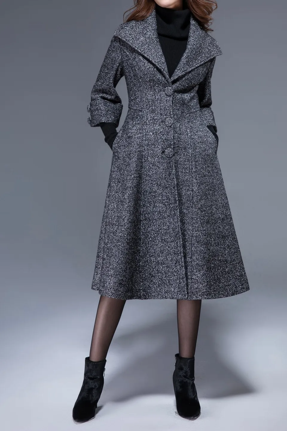 Wool Blend A Line Lapel Collar Pocketed Button Front Midi Coat