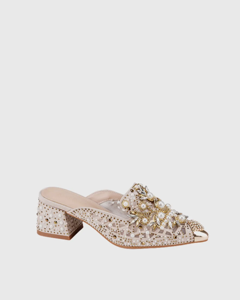 Pearl Embellished Mules in Beige