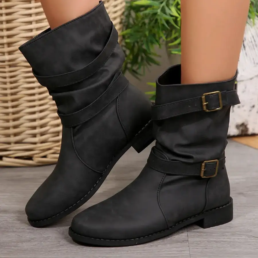 Mid Calf Buckle Strap Boots