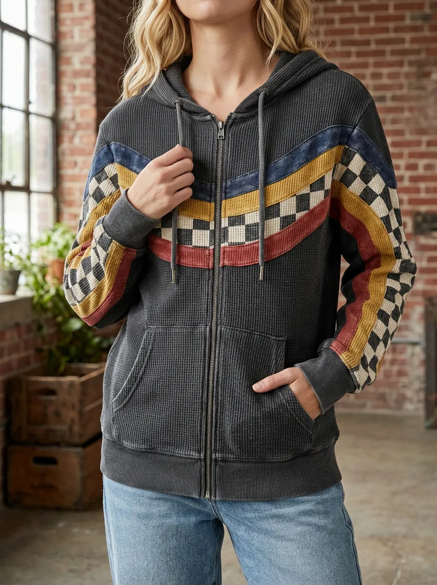 Women's Retro Checkerboard Striped Waffle Knit Zip Up Hoodie