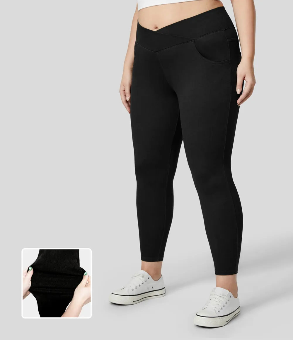 Magic High Waisted Crossover Multiple Pockets Stretchy Knit Denim 7/8 Plus Size Work Leggings