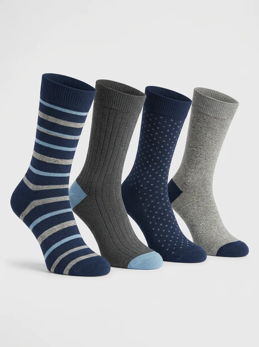 Men's Crew Socks Four-Pair Pack with Striped Polka Dot Geometric Ribbed Texture