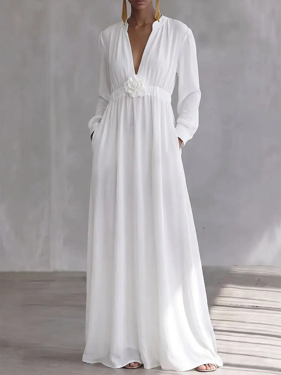Pockets Pleated Long Neck Maxi Dress