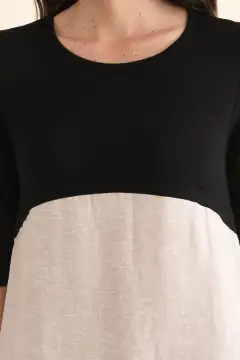 Knee-Length Color-Block Linen Blend Pocket Round-Neck Half-Sleeve A-Line T-Shirt Dress