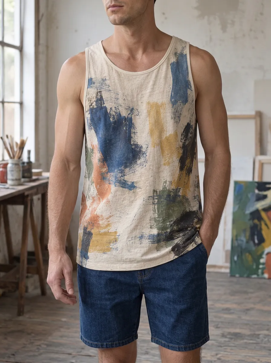 Men's Abstract Art Brushstroke Straight Hem Tank Top
