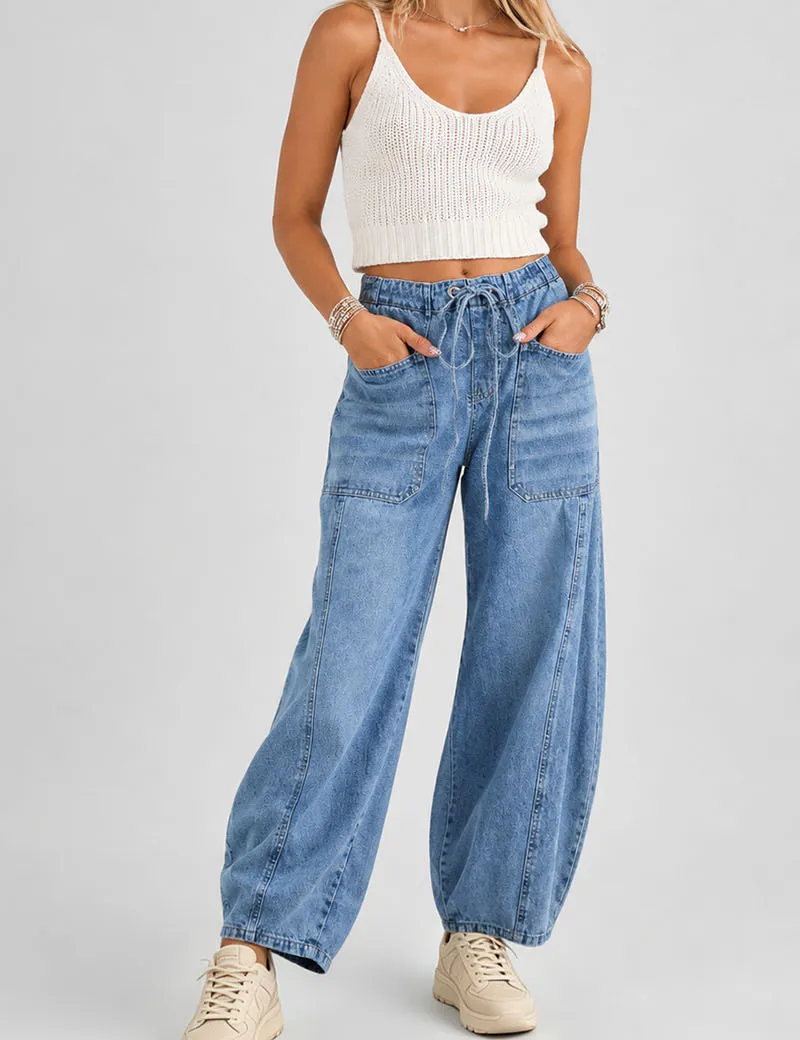 Elastic Waist String Pocket Denim Pants