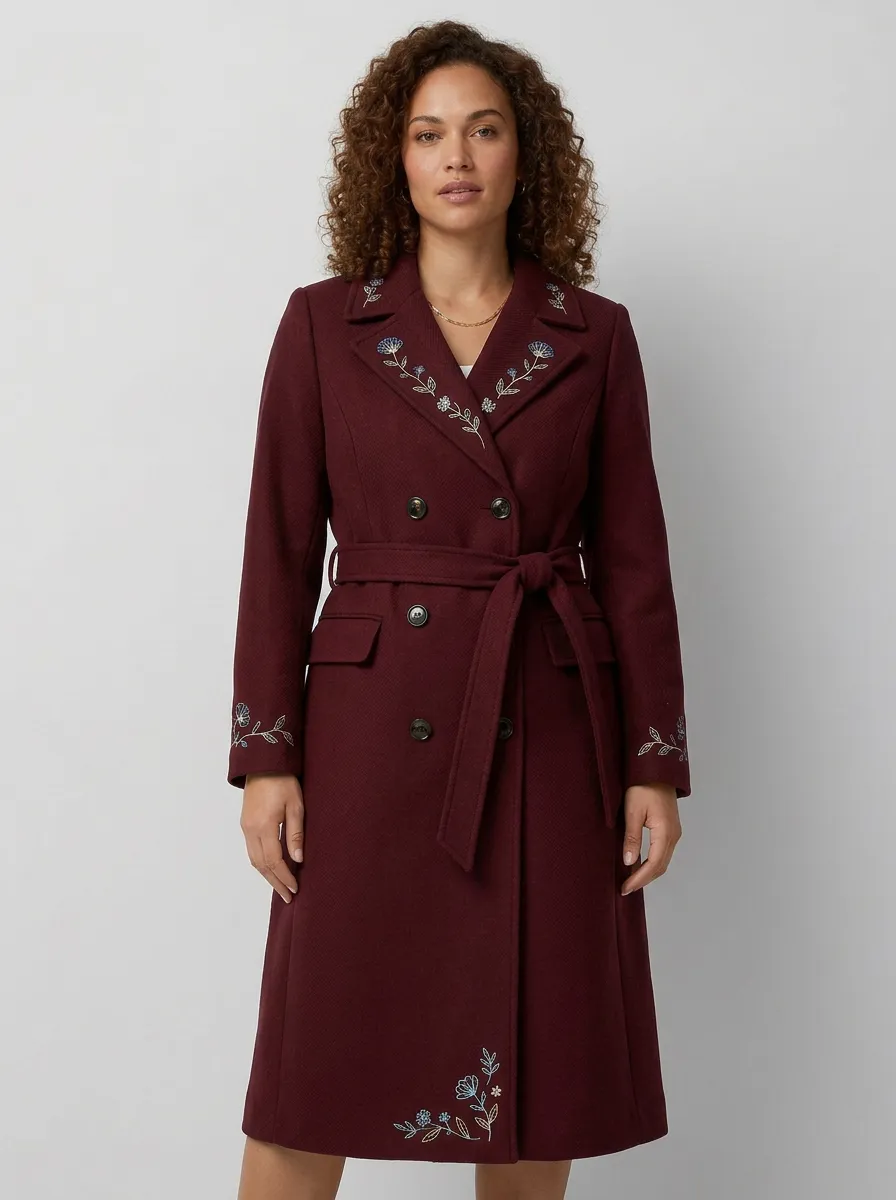 Women's Floral Embroidered Navy Blue Pattern Coat