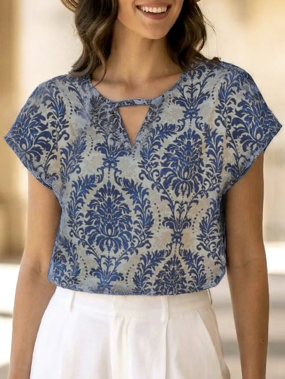 Print V-Neck Batwing Sleeve Top