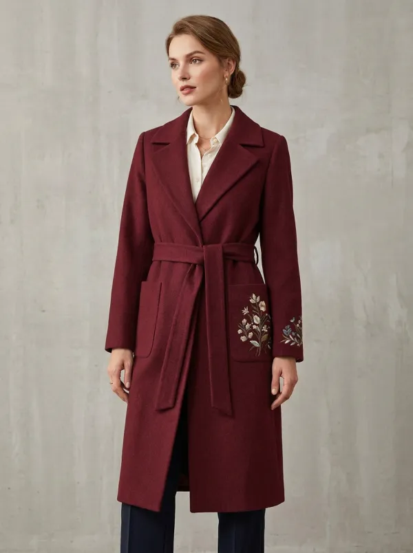 Women's Floral Embroidered Gray Wool-Blend Belted Coat