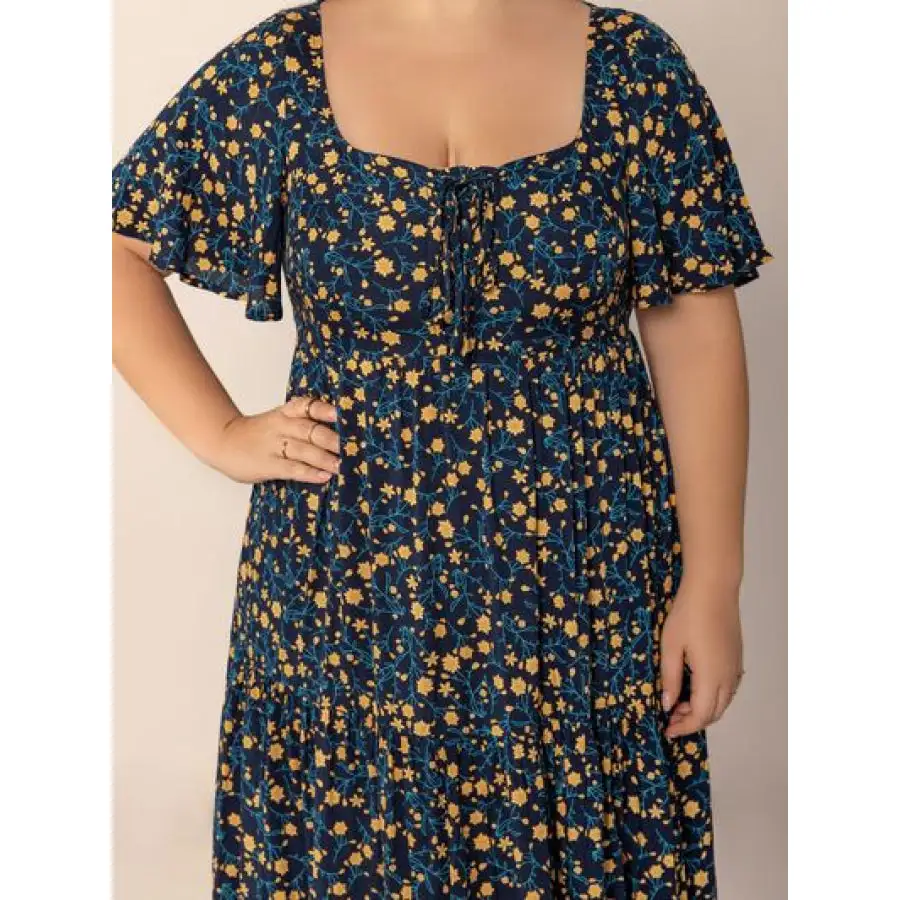 Plus Size Printed Short Sleeve Slit Tiered Maxi Dress