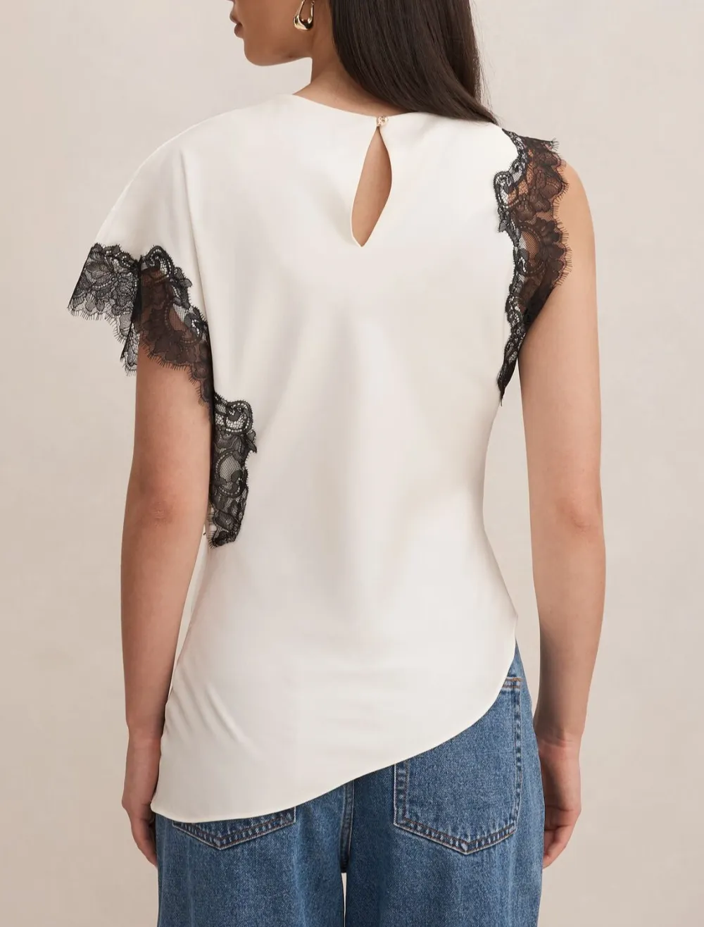 White Lace Trim One-Shoulder Sleeveless Top