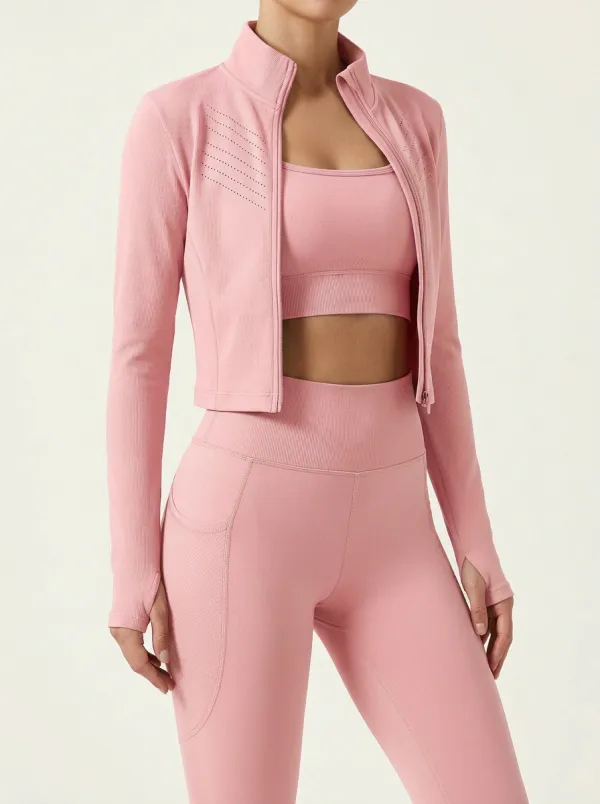 Training Ribbed Texture Seamless Design Shape Women's Three Piece Activewear Set