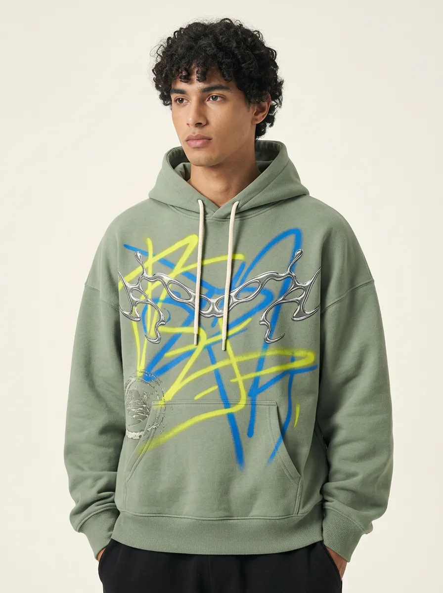 Unisex Y2K Streetwear Chrome Tribal Graffiti Hoodie