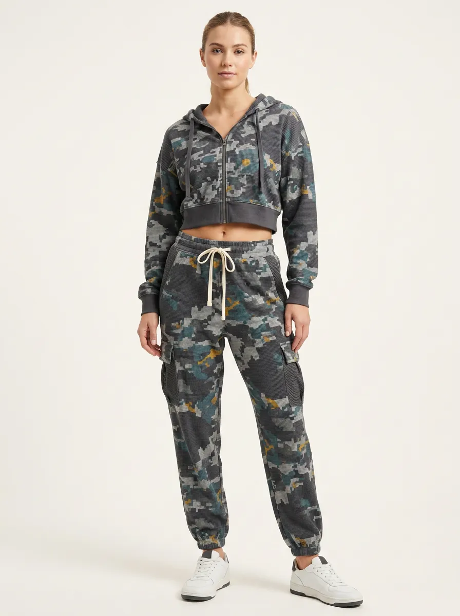 Women's Multi-Color Camo Waffle Knit Zip-Up Hoodie and Cargo Jogger Set