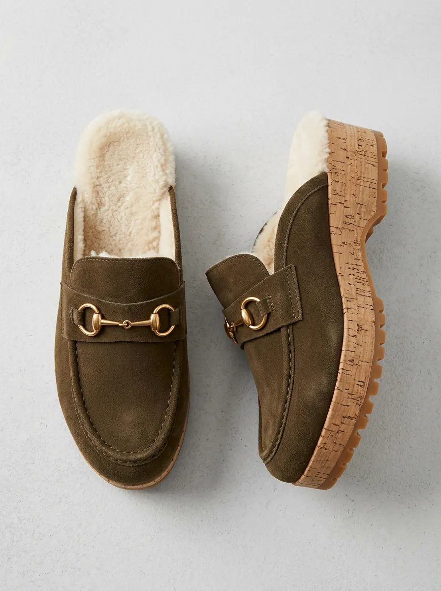 Women's Classic Faux Fur Lined Metal Detail Platform Suede Wood Sole Loafers