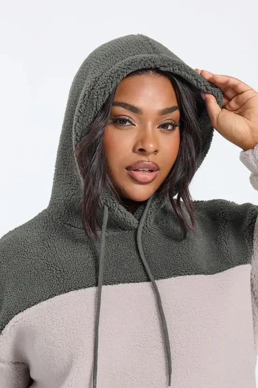 Grey & Purple Colourblock Teddy Fleece Hoodie
