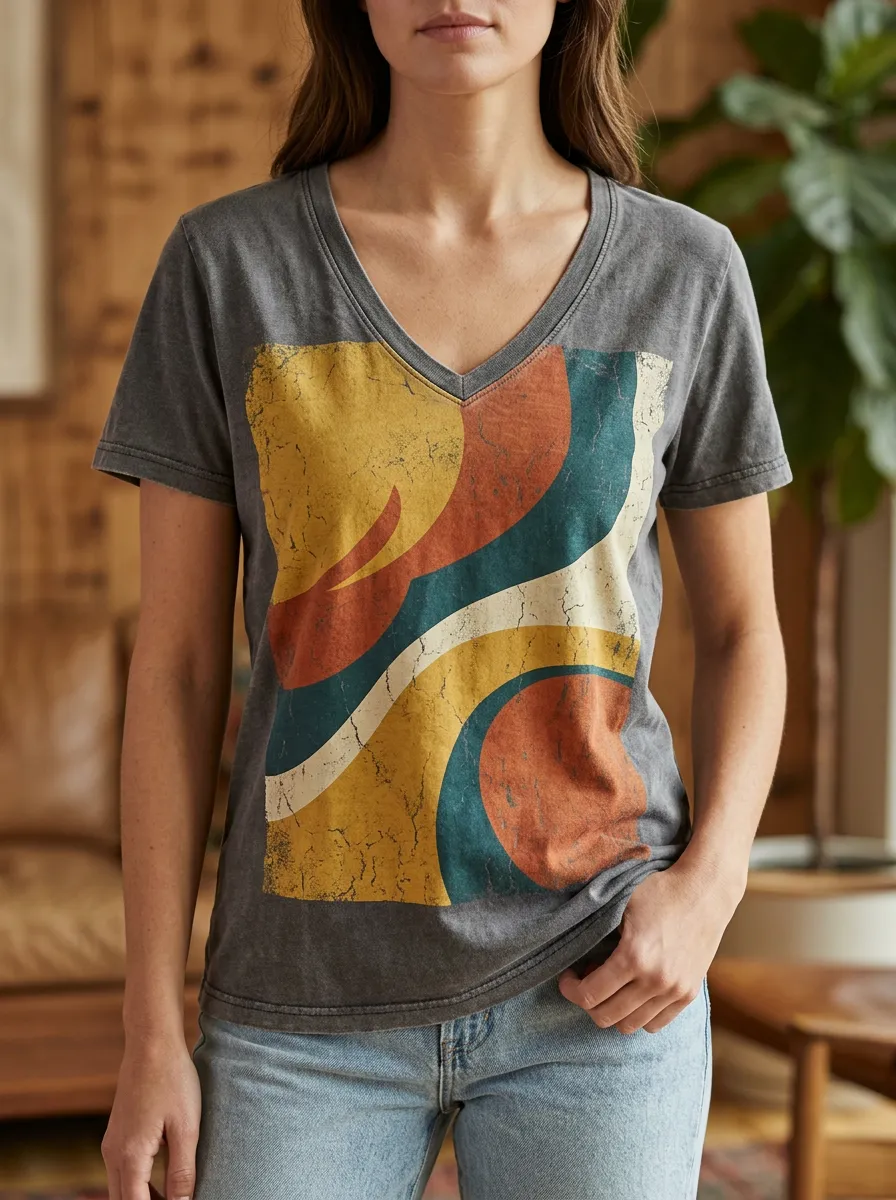 Women's Retro Abstract Wave Printed V-Neck T-Shirt