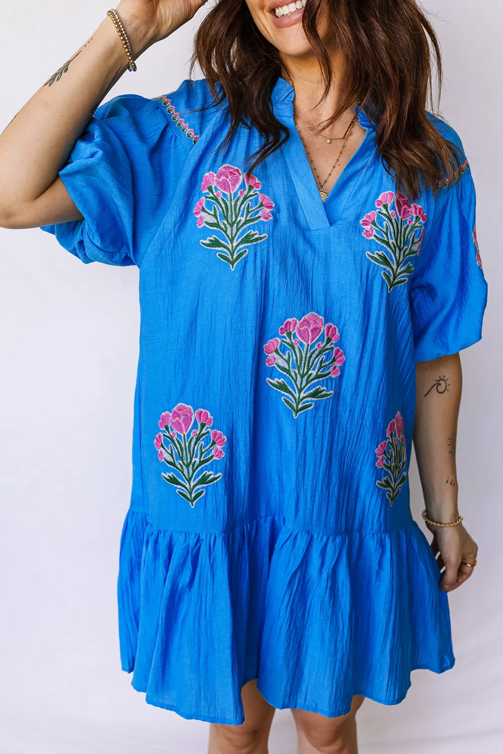 Blue Embroidered Ruffle Hem Dress