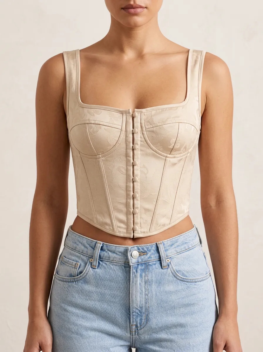 Jacquard Square-Neck Button-Front Women's Corset Top