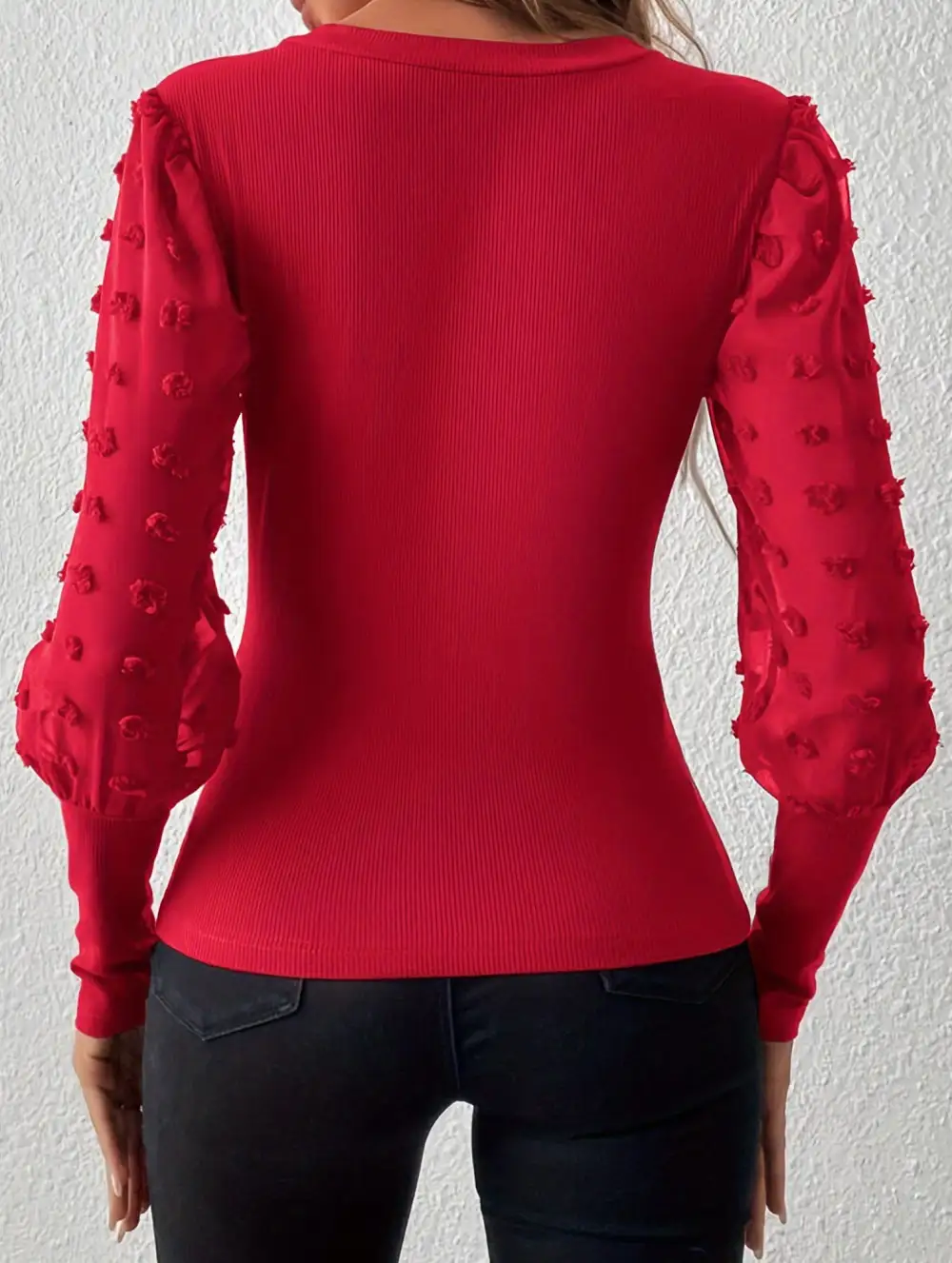 Ribbed V-Neck Chiffon Sleeve Top
