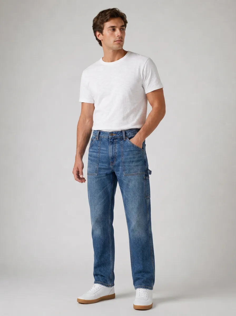 Men's Wash Pocket Denim Jeans Featuring Button Fly
