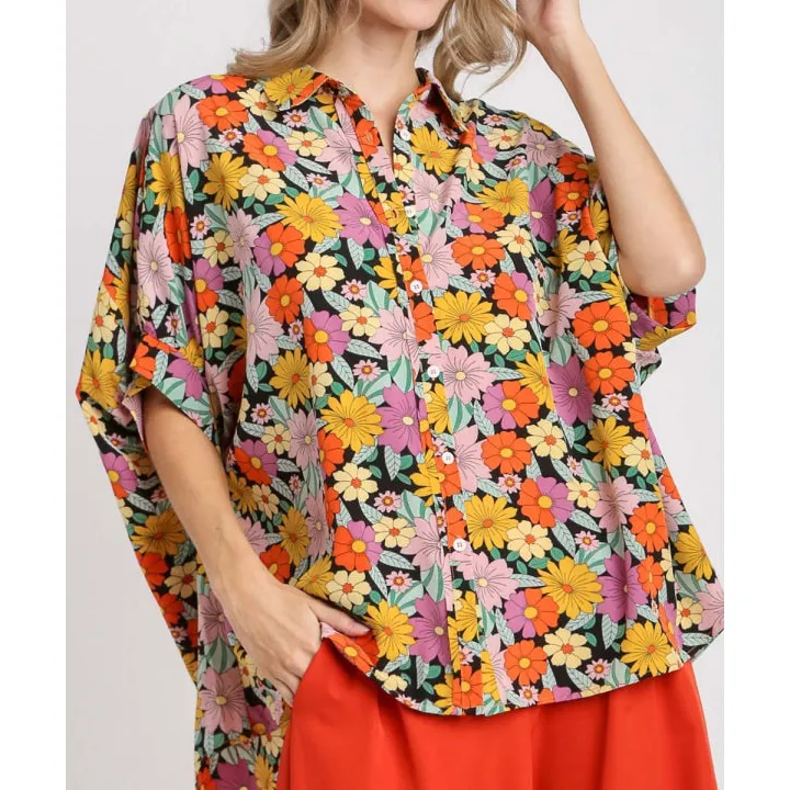 Full Size Flower Print Boxy Cut Button Down Shirt Plus Size