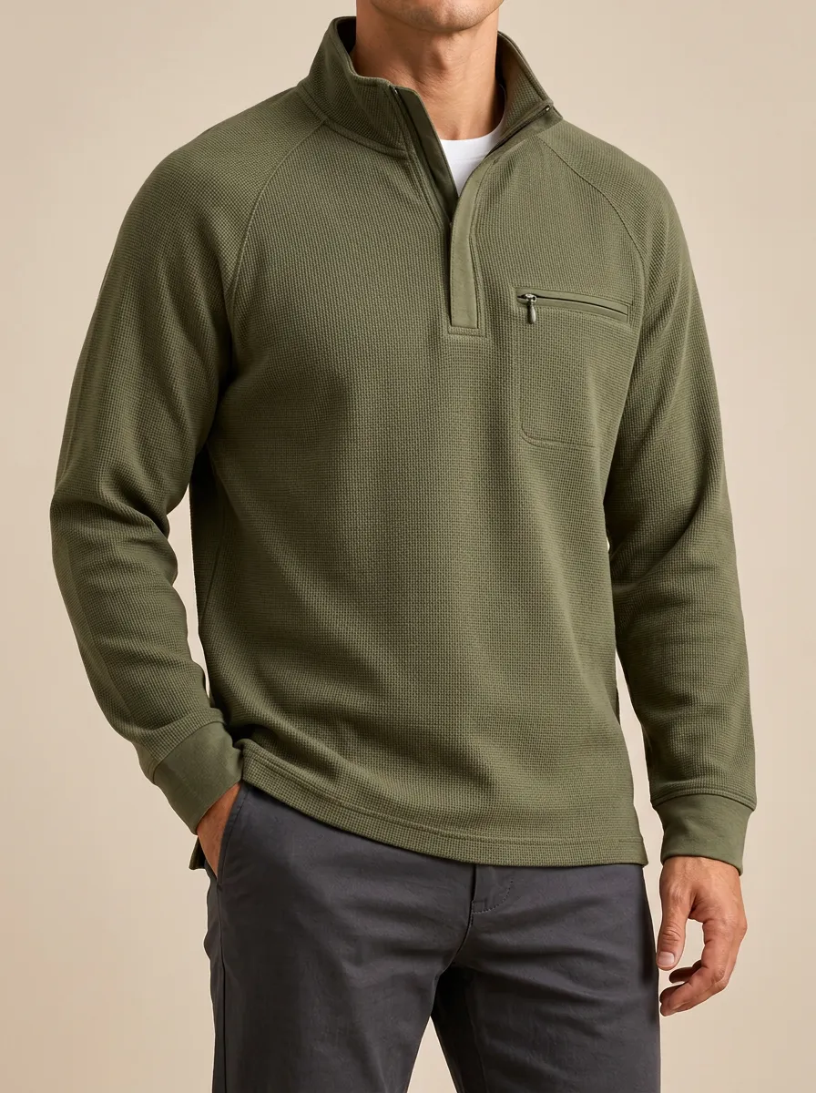 Zipper Pocket Waffle Knit Half-Zip Pullover for Quiet Casual Dressing