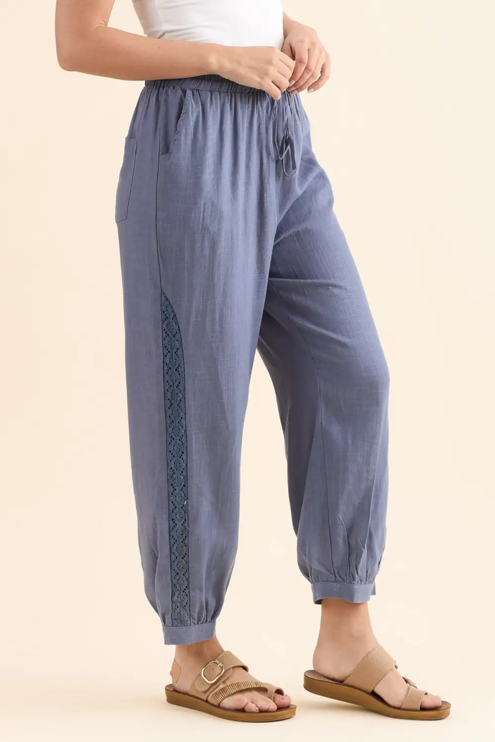 Linen Blend Mid Rise Drawstring Pants