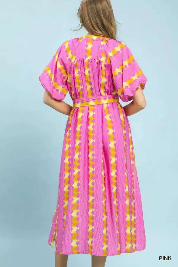 Geometric Print Smocked Side Slit Dress