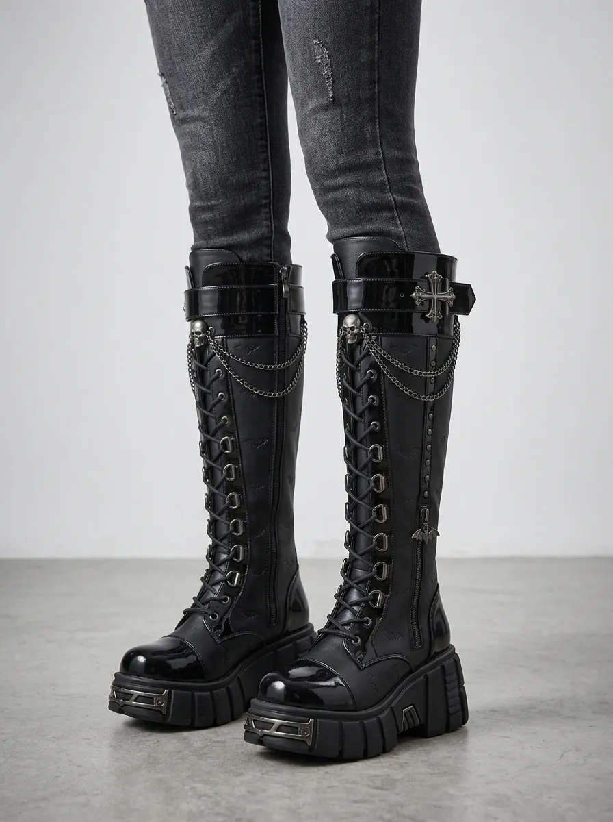 Modern Gothic Skull Bat Cross Finish Women's Gothic Platform Boots