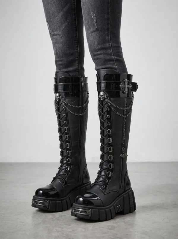 Modern Gothic Skull Bat Cross Finish Women's Gothic Platform Boots