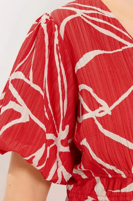 Red Floral Print Puff Sleeve Top