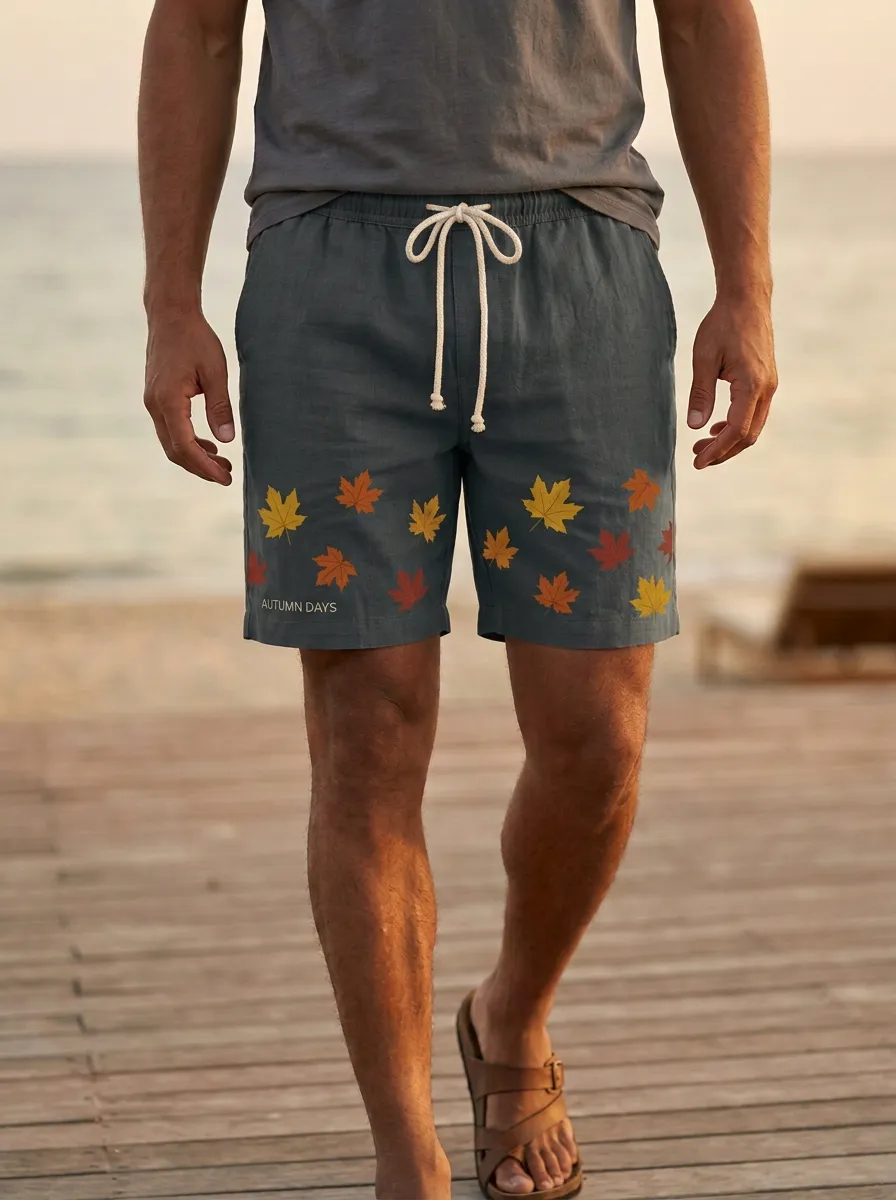 Tan Maple Leaf Print Drawstring Silhouette Shorts