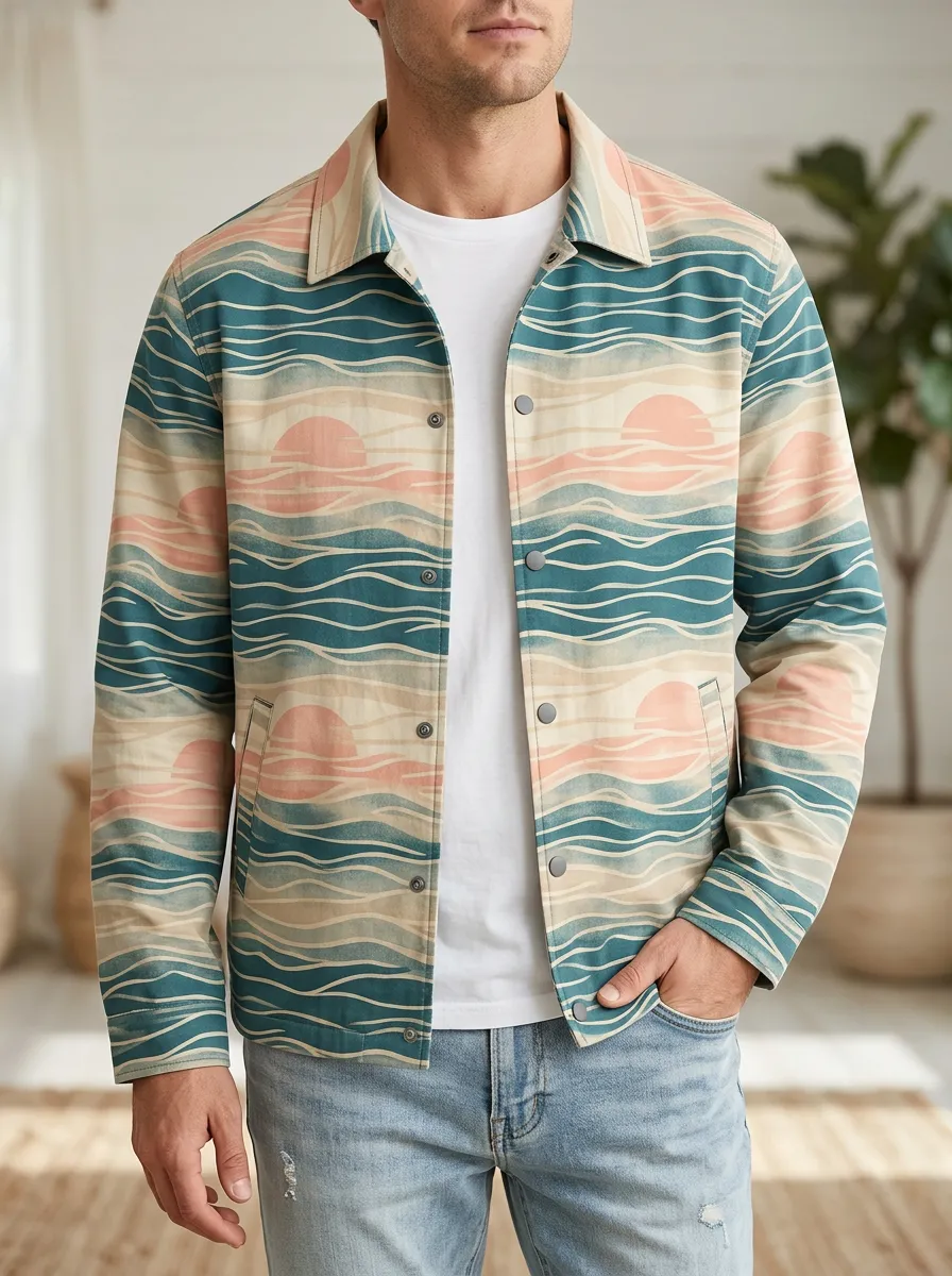 Men's Sunset Ocean Wave Pattern Printed Jacket