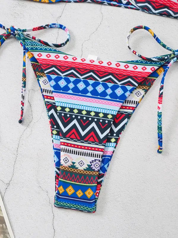 Halterneck Lace Up Adjustable Briefs Printed Swim Set