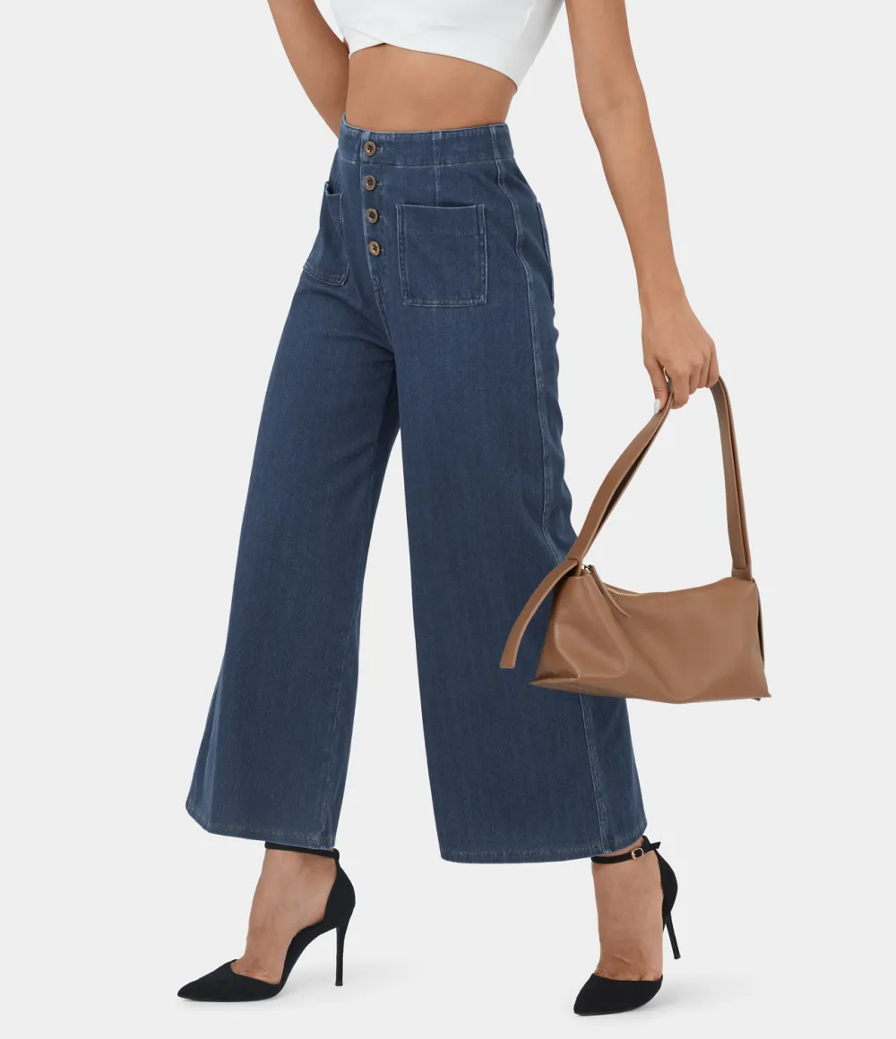Magic High Waisted Button Pockets Washed Stretchy Knit Casual Wide Leg Jeans