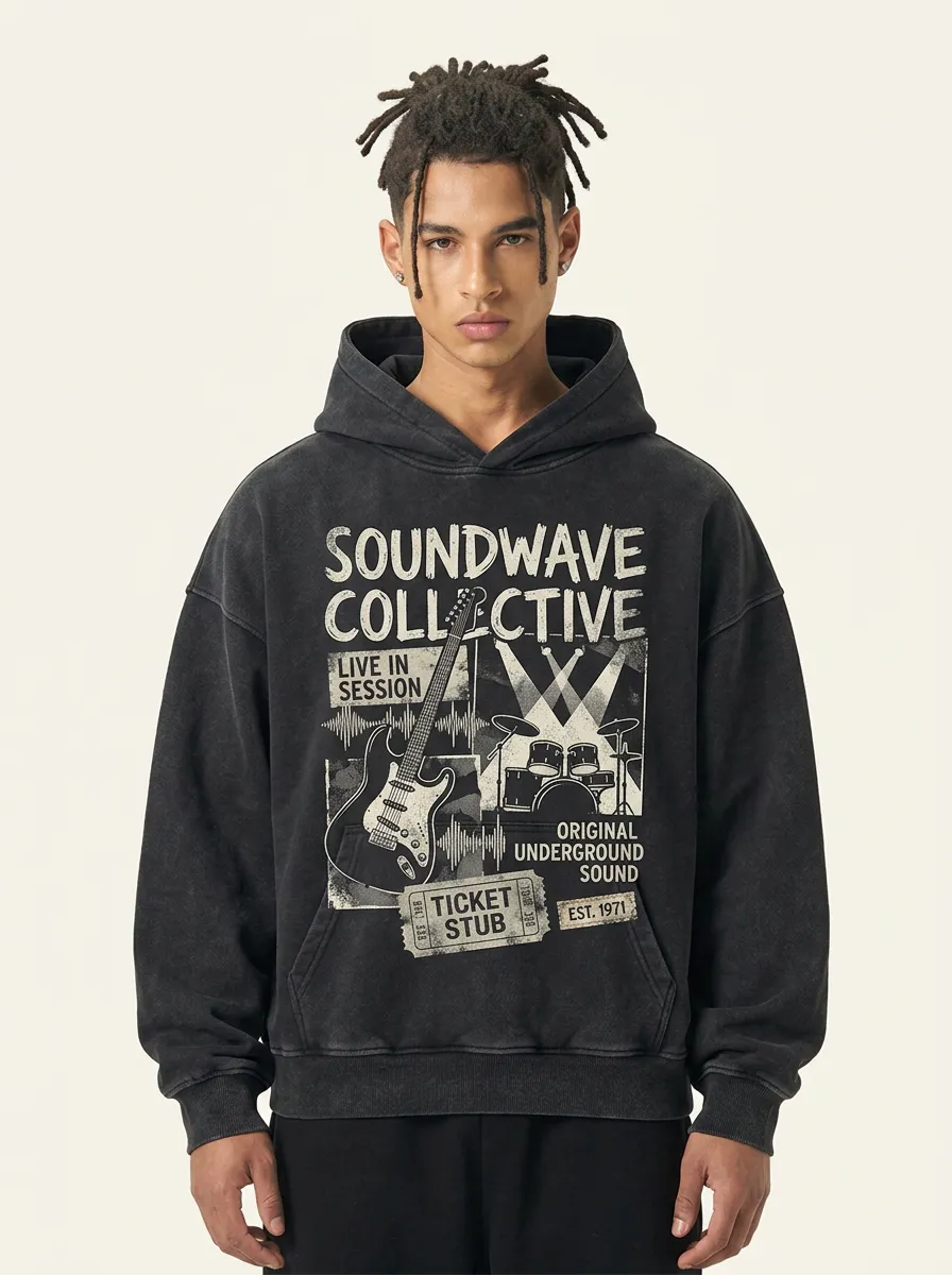 Men's Rock Band Music Lover Guitar Drum Printed Hoodie