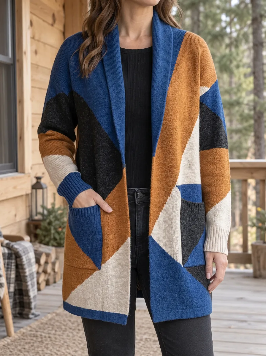 Women's Geometric Colorblock Pattern Printed Dropped Shoulder Modern Daywear Cardigan