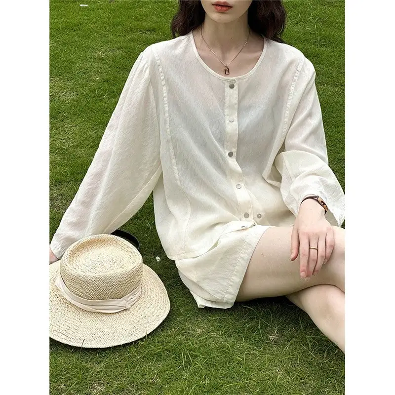 Flowing Round Neck Long Sleeve Shirt And High Waist Wide Leg Shorts Set