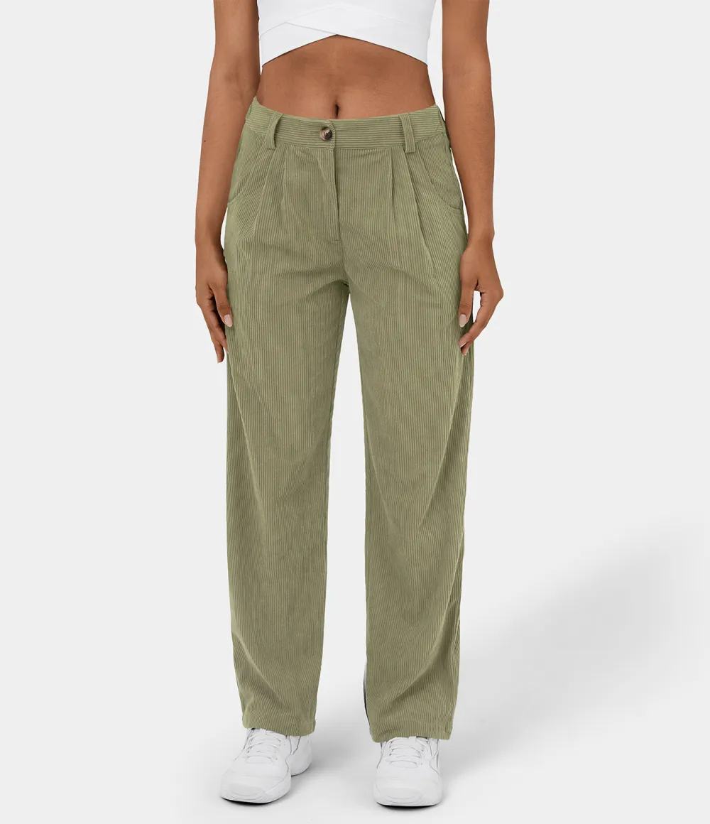Mid Rise Button Zipper Side Pocket Corduroy Casual Pants