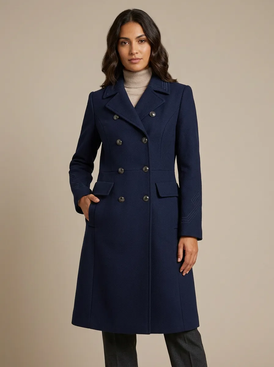 Women's Military Style Navy Double-Breasted Embroidered Wool Coat