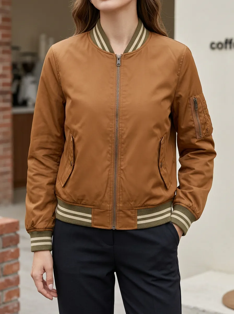 Women's Brown Striped Ribbed Trim Zip Up Bomber Jacket
