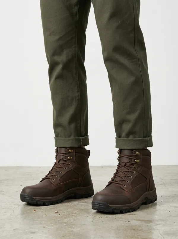 Unisex Brown Leather Waterproof Hiking Printed Work Boots