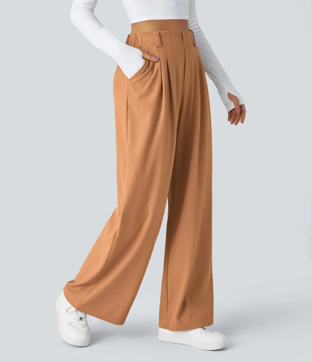 2026🔥  High Waisted Plicated Side Pocket Wide Leg Waffle Work Pants