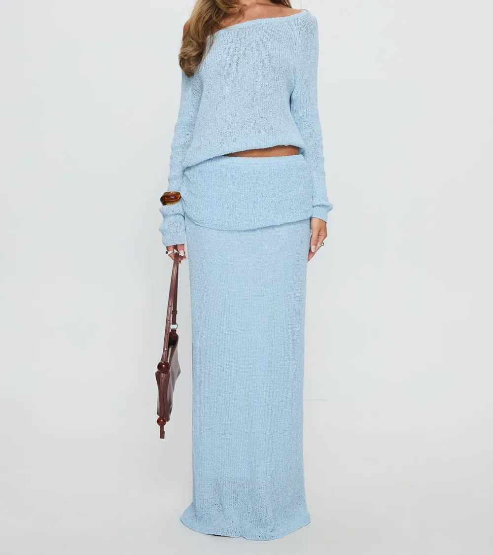 Blue Wide Neck Knit Sweater