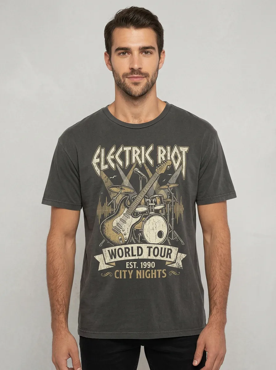 Men's Rock Music Lover Electric Riot Guitar Drum Printed T-shirt